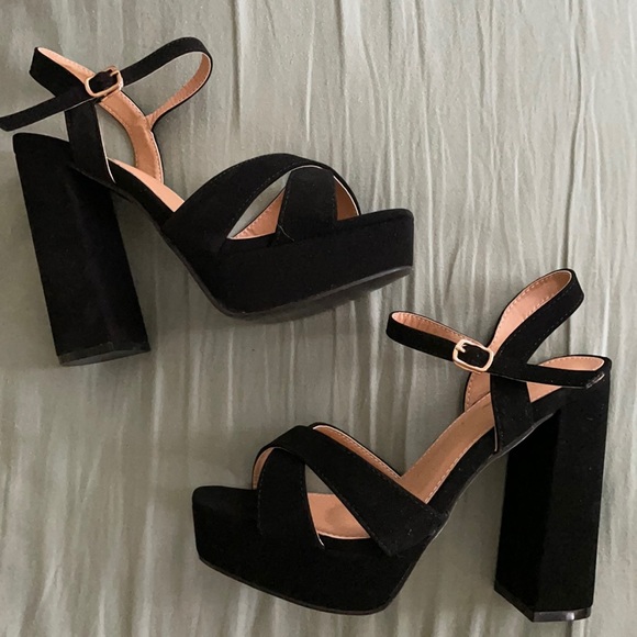 Glaze Shoes - Black Nubuck Suede Chunky Strappy High Heels